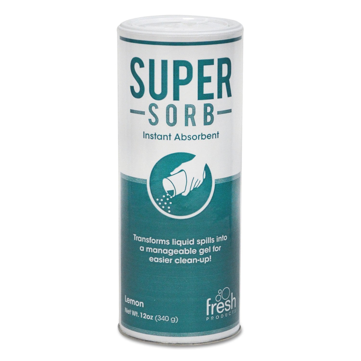 Fresh Products Super-Sorb Liquid Spill Absorbent, Powder, Lemon-Scent, 12 oz. Shaker Can, 6/Box