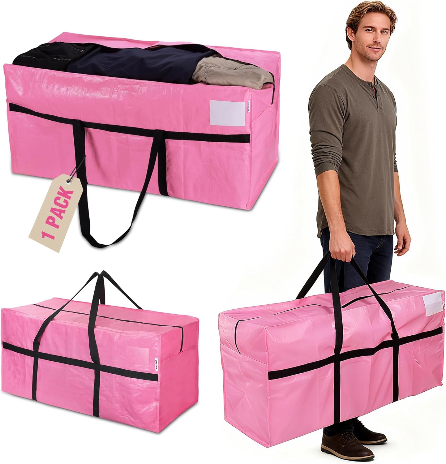 WORKPRO 66 Gallon Extra Large Moving Bag - Heavy-Duty, Water-Resistant Storage Tote | Pink with Zippers & Carry Handles