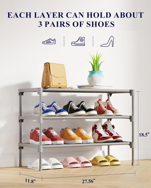 Kitsure Shoe Rack - Stackable Non-Woven Shoe Organizer for Closet & Entryway | 3-Tier, 27.5" Wide, Grey