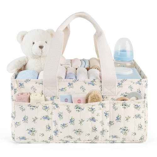 Lemoobolsa Baby Diaper Caddy Organizer with Portable Changing Mat-Portable Baby Organizers and Storage, Gift for Baby Shower, Baby Essentials Organizer with Removable Dividers (Blue Floral)