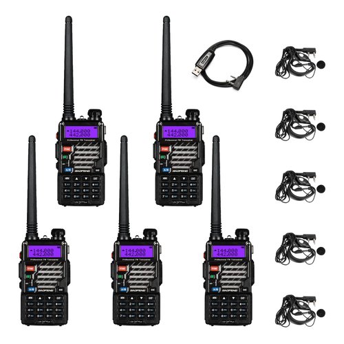 5 Pack Baofeng UV-5R+ Plus Ham Radio Handheld, Dual Band Two Way Radio Rechargeable Long Range Walkie Talkies, with Earpiece & Programming Cable (Black)