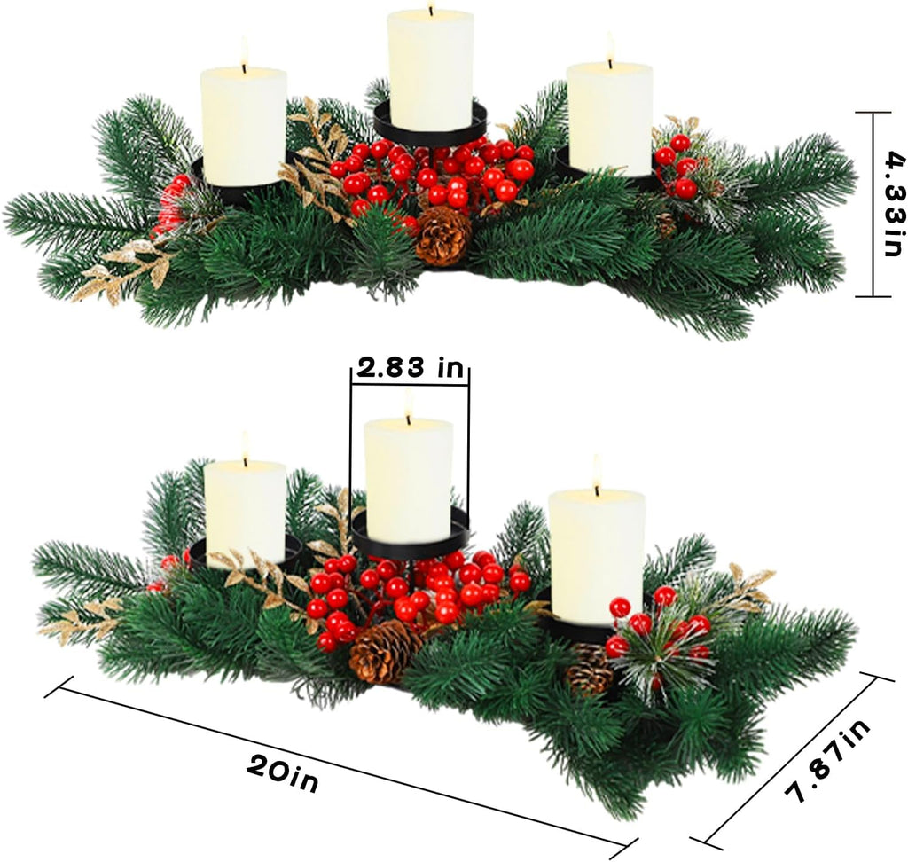 MorTime Christmas Centerpiece - 3 Candle Holders with Red Berries & Pine Cones | Indoor Holiday Decor