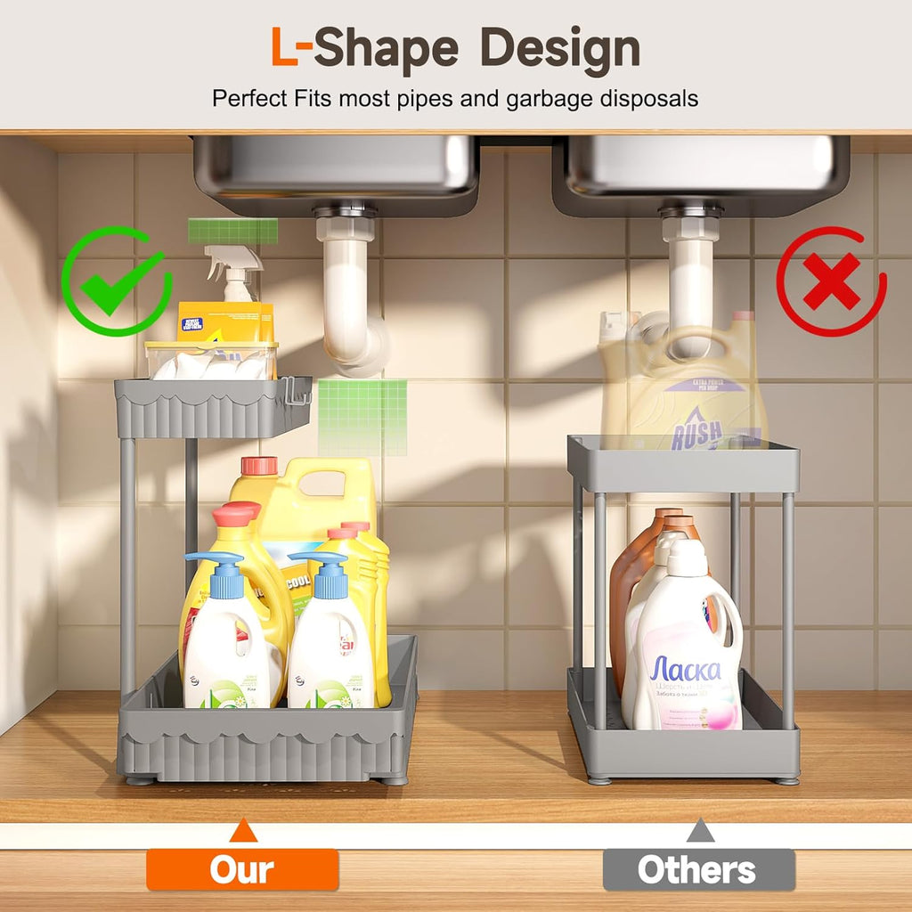 Sevenblue Under Sink Organizer - 3 Pack L-Shaped Pull-Out Storage for Bathroom & Kitchen (Grey, 12.85 Inch)