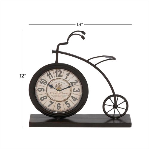Deco 79 Metal Decorative Clock Bike Mantel Clock, Tabletop Clock 13" x 3" x 12", Brown