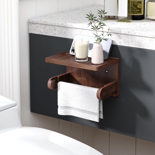 VERTORGAN Toilet Paper Holder with Phone Shelf,Bamboo Wall Mounted Tissue Roll Holder for Bathroom (Brown)