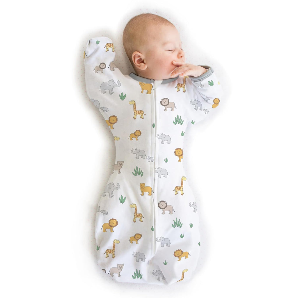 Skiennix Baby Swaddle Sack - Transitional Design with Arms Up Sleeves & Mitten Cuffs | Small, 0-3 Months, On Safari
