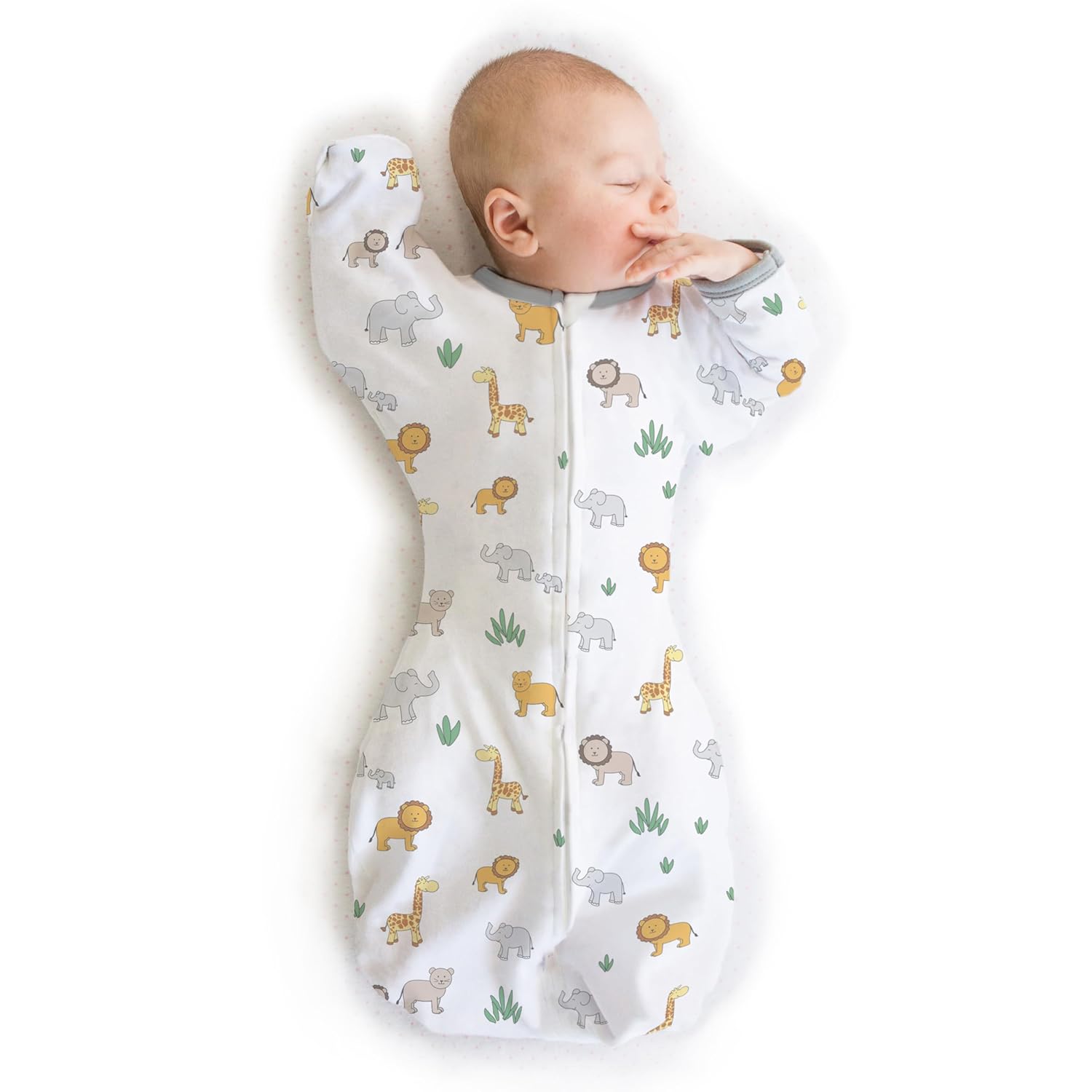 Skiennix Baby Swaddle Sack - Transitional Design with Arms Up Sleeves & Mitten Cuffs | Small, 0-3 Months, On Safari