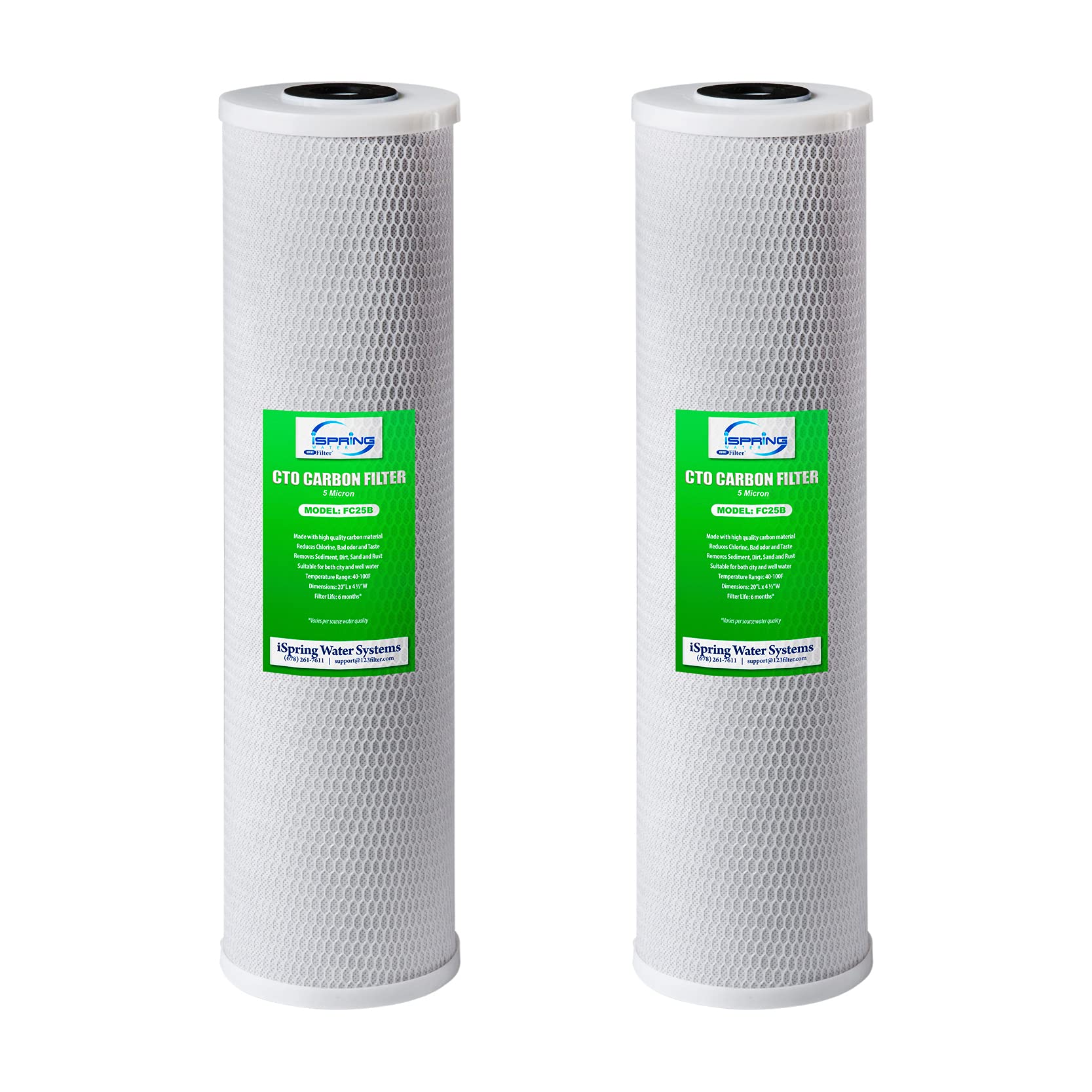 iSpring FC25BX2 20"x 4.5" Carbon Block Whole House Water Filter Replacement Cartridges, Reduces Up to 99% Chlorine, Taste, and Odor, 5-Micron, Pack of 2