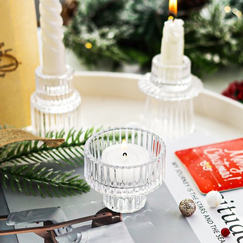 SYFURNIX Clear Candlestick Holders 12PCS Ribbed Glass Taper Candle Holders for Tealight Stick Candles Table Centerpieces Thanksgiving Christmas Indoor and Outdoor Decorations
