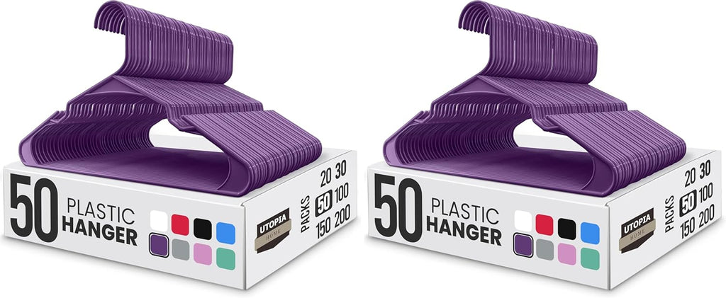 Utopia Home Plastic Hangers 100 Pack - Durable Space-Saving Clothes Hangers - Purple Closet Organizers