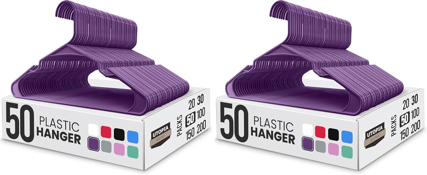 Utopia Home Plastic Hangers 100 Pack - Durable Space-Saving Clothes Hangers - Purple Closet Organizers