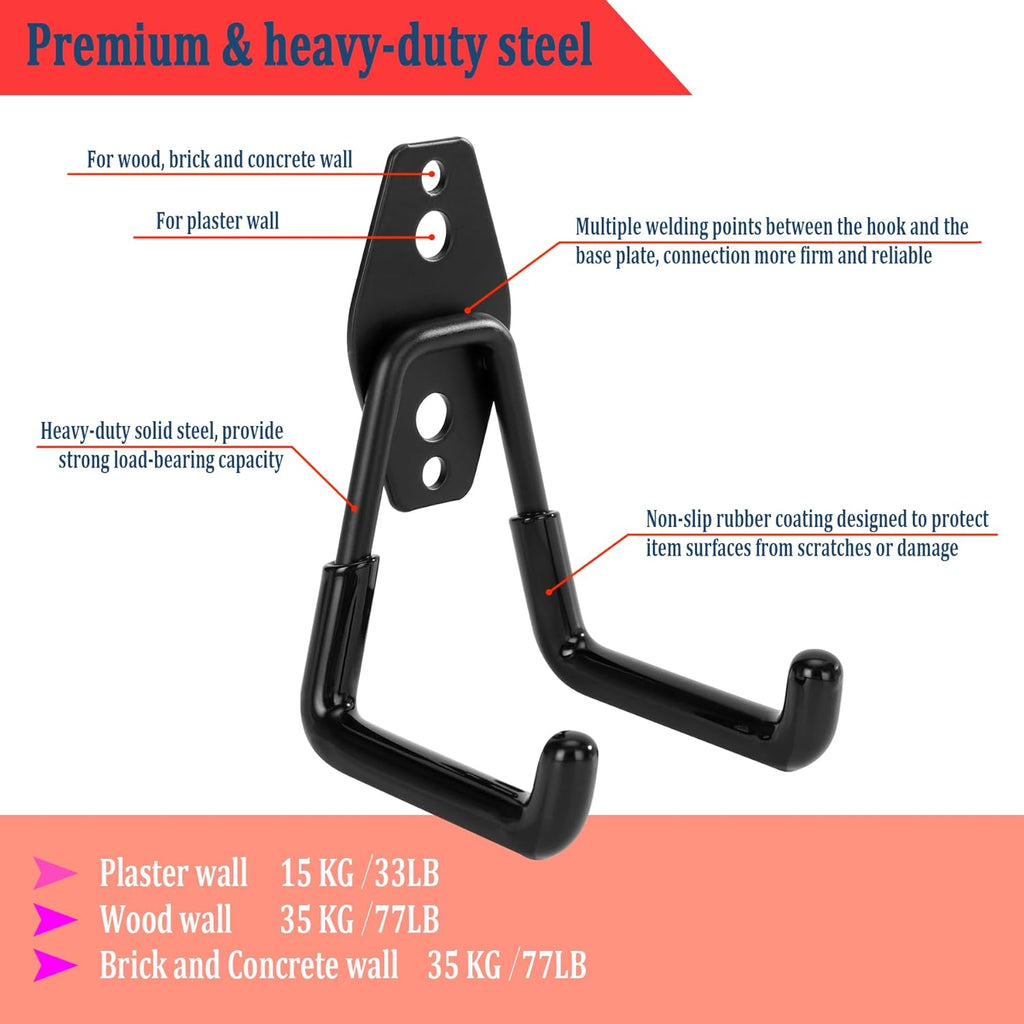 Skiennix Garage Hooks - Heavy Duty Wall Mount Tool Organizer for Ladders, Bikes & Garden Tools | 8 Pack