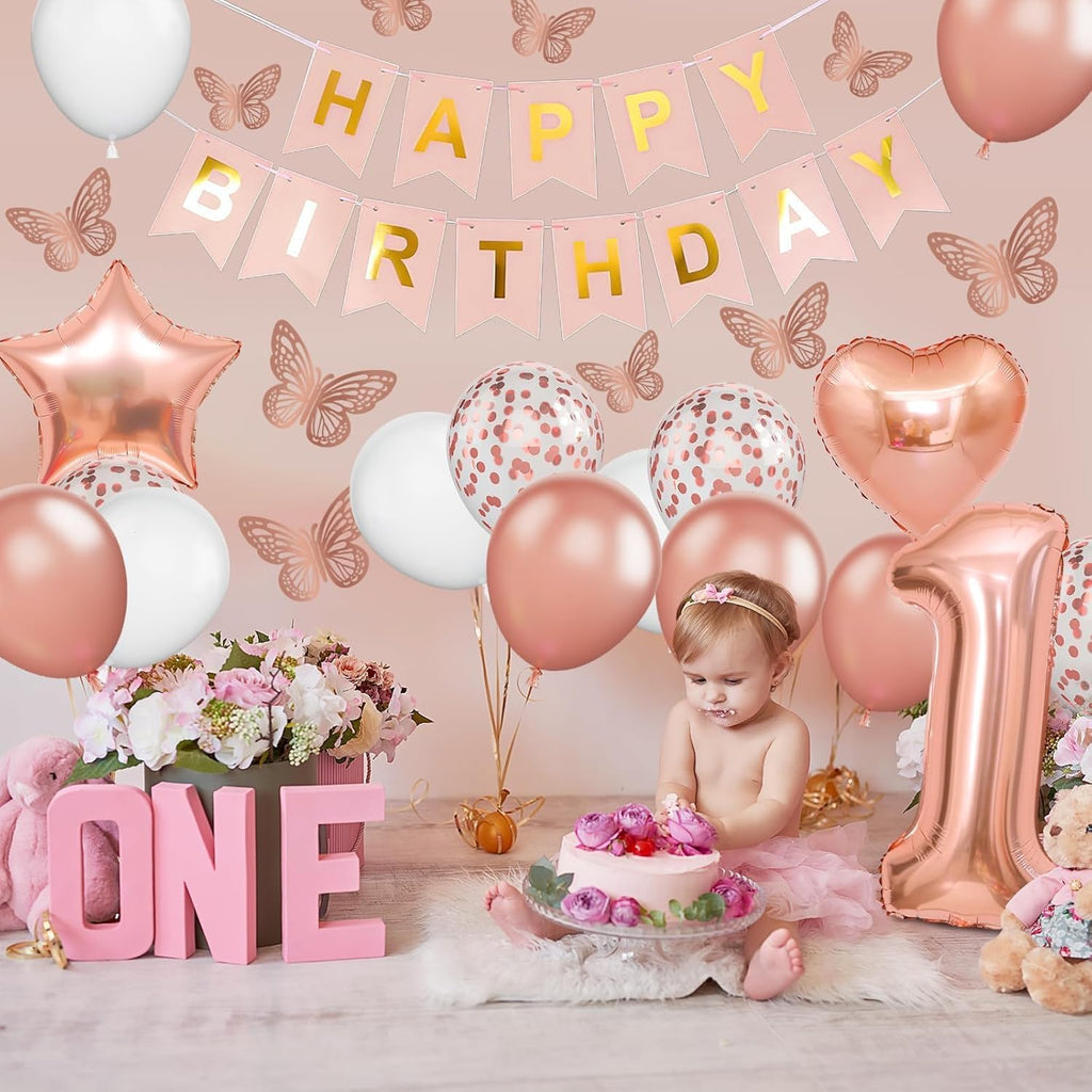 Rose Gold 1st Birthday Decoration Set | 1st Birthday Balloon with Butterfly Stickers & Foil Balloons