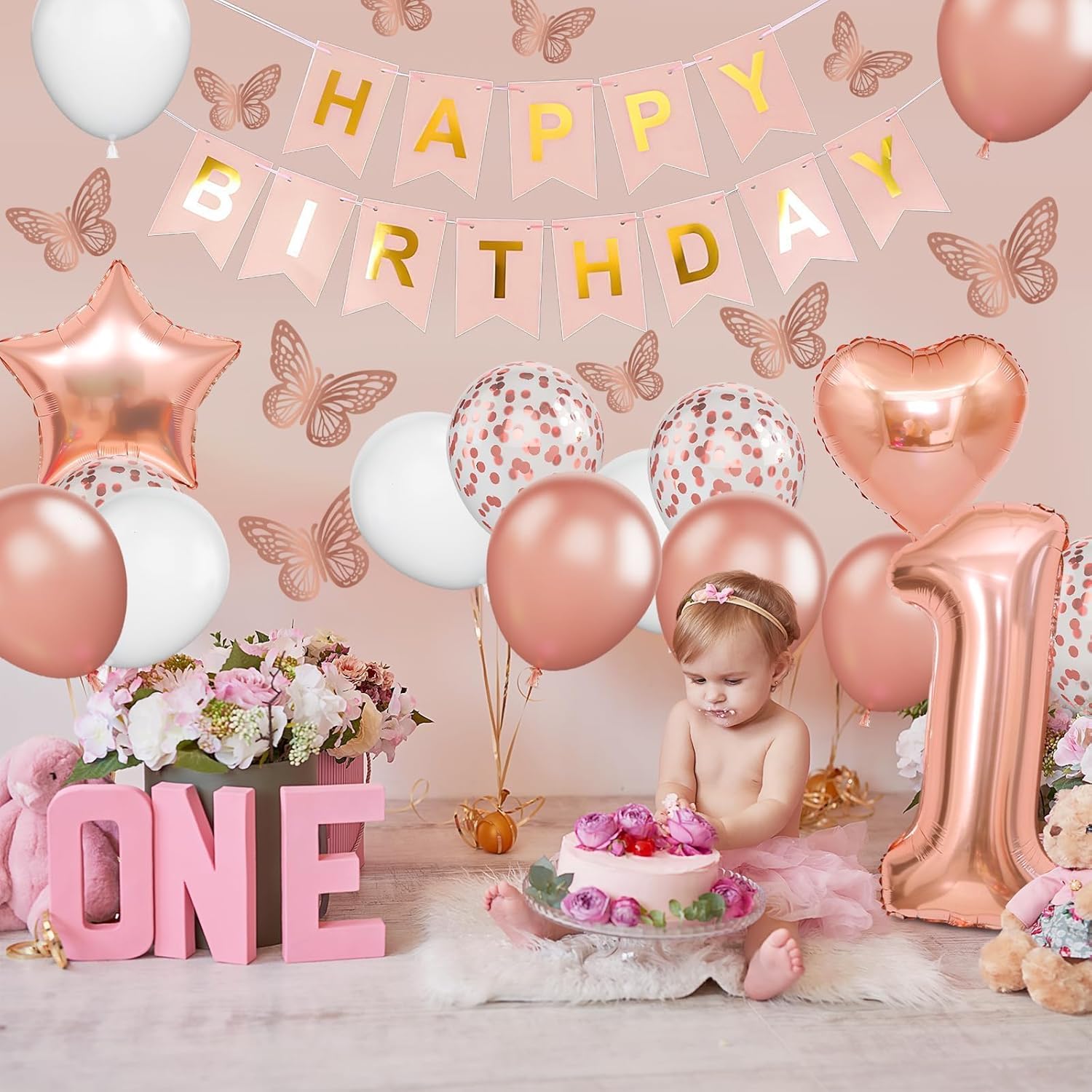 Rose Gold 1st Birthday Decoration Set | 1st Birthday Balloon with Butterfly Stickers & Foil Balloons