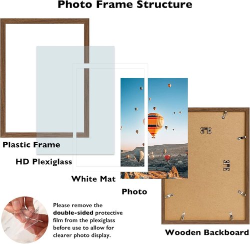 JCJMY 12x16 Picture Frame - Brown Wall Hanging Frame with 11x14 Mat & Plexiglass Protection