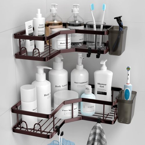 AKTECKE Shower Caddy - 2-Pack Corner Organizer with Adhesive Shelves & Hooks | No-Drill Stainless Steel Bathroom Storage