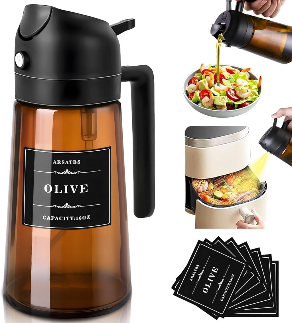 Olive Oil Sprayer 16oz - Premium Dark Brown Glass Dispenser for Cooking & Air Fryer | 2-in-1 Spray & Pour