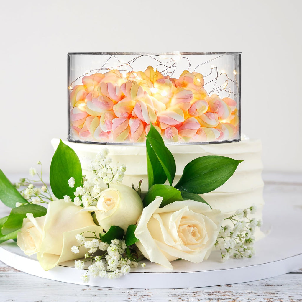 Sunnyray 2 Pcs Acrylic Cake Stands for Dessert Table Clear Fillable Cake Riser Cupcake Tier with LED Strings for Birthday Wedding Holiday Party Display(10", 14")