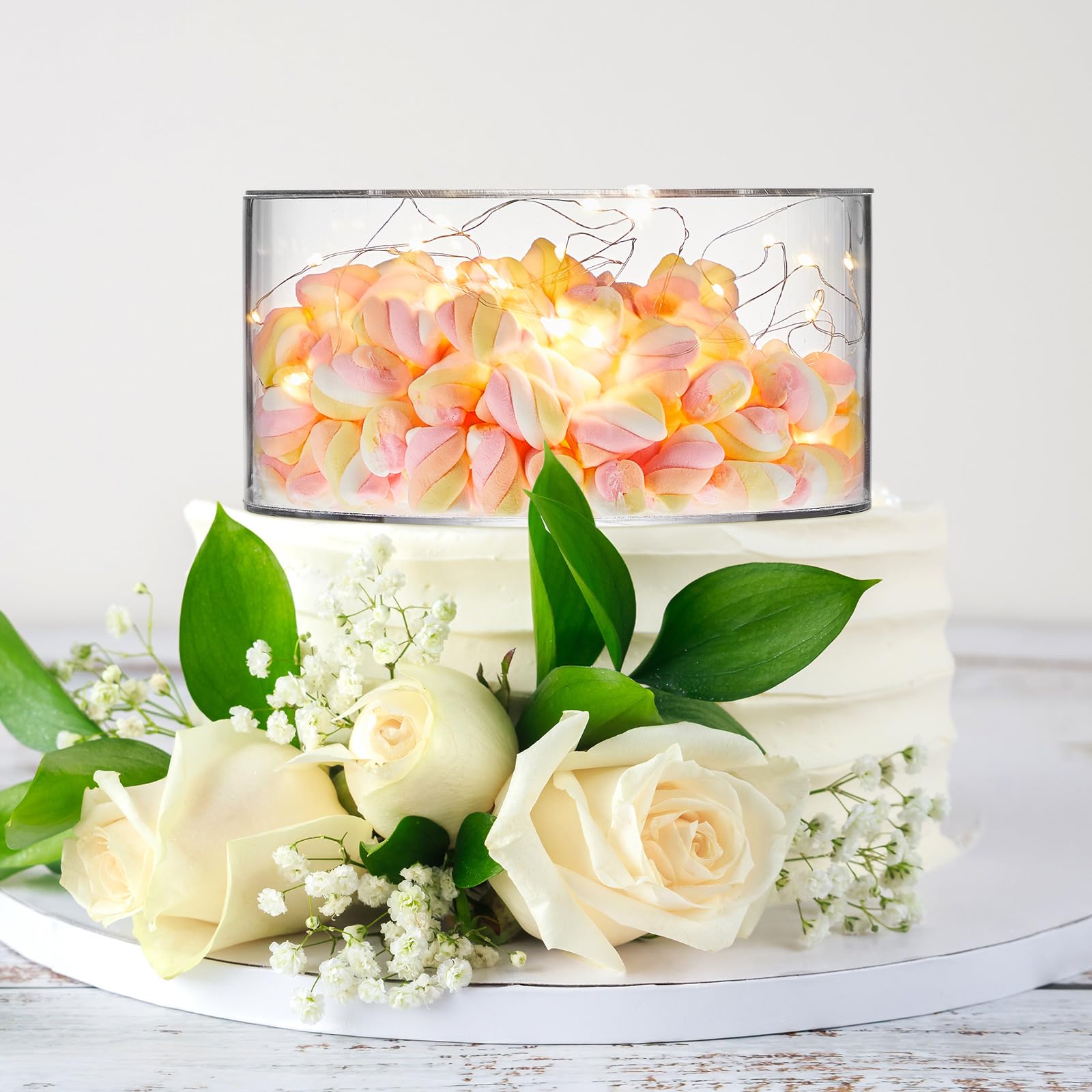 Sunnyray 2 Pcs Acrylic Cake Stands for Dessert Table Clear Fillable Cake Riser Cupcake Tier with LED Strings for Birthday Wedding Holiday Party Display(10", 14")