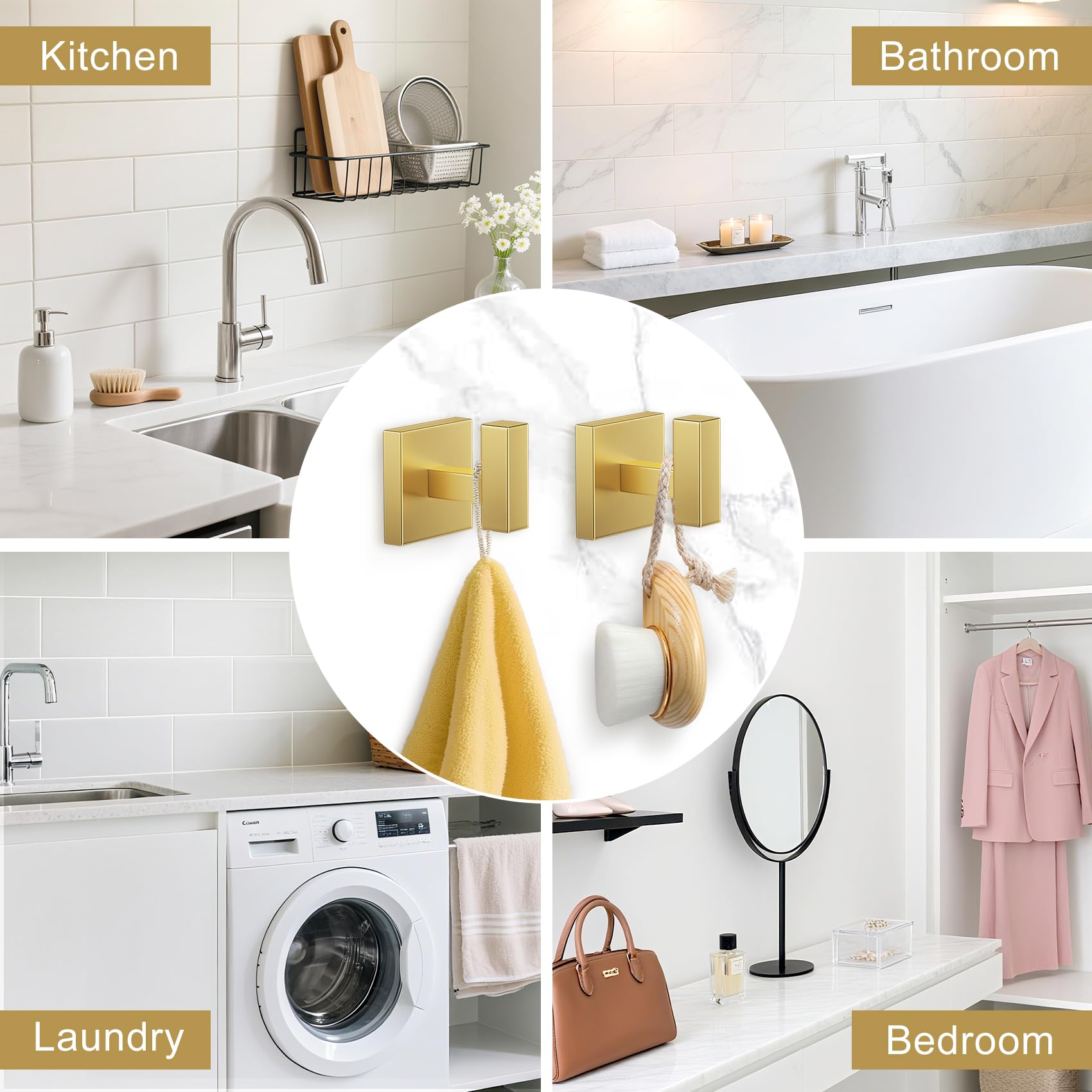 TURS Brushed Gold 5 Pieces Bathroom Hardware Set, SUS304 Stainless Steel 23.6 Inch Bath Towel Bar Set, Square Bathroom Accessories Kit Wall Mounted