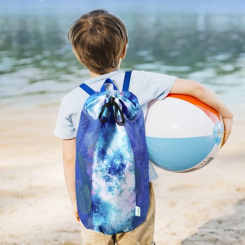 Tie dyed Large Mesh Beach Bag for Kids, Kids Drawstring Beach Backpack for Girls Boys, Tote Mesh Beach Toys Bag, Swim Pool Toys Balls Storage Bags Gym Bag, Beach Toy Shells Organizer