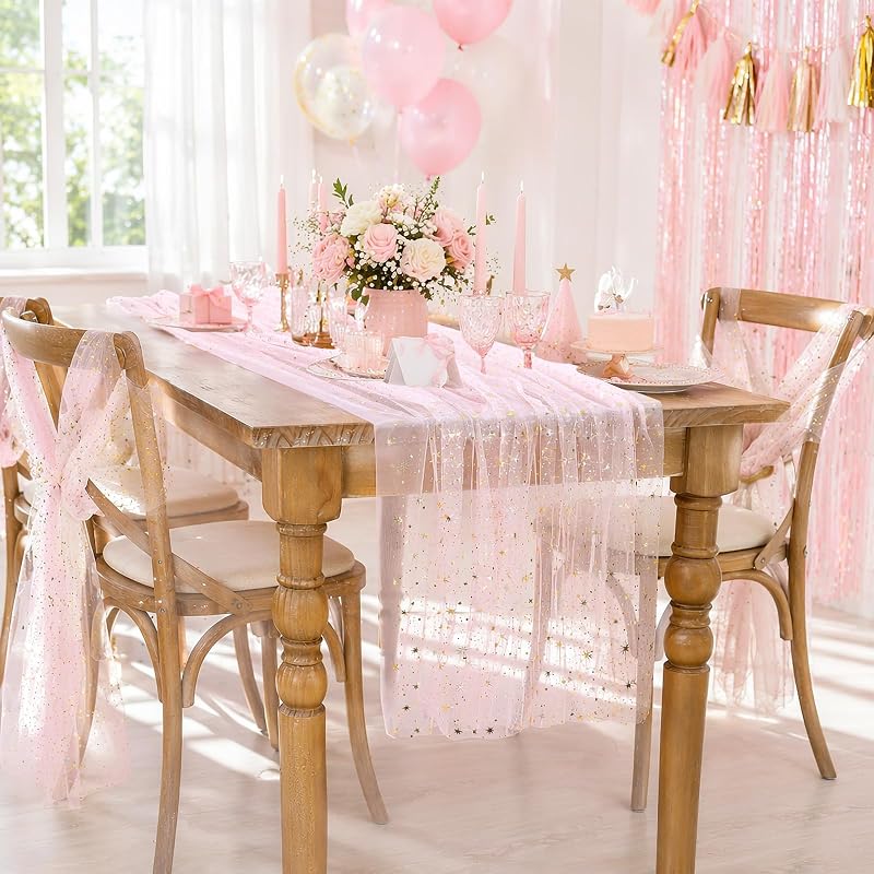 Pink Gold Gauze Table Runner 3pcs - Pink Gold Sparkling Cheesecloth Party Centerpieces (Variation: Pink Gold+29"x120" 3pcs)