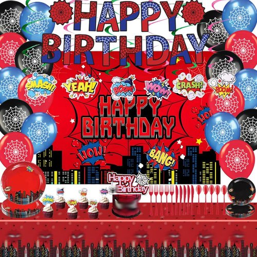Spider Theme Birthday Party Supplies, Spider Party Decorations Including Birthday Banner, Backdrop, Hanging Swirls, Tablecloth, Balloons, Cake Toppers, Plates, Forks, Knives, Spoons for Spider Party