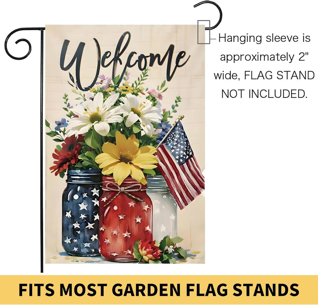 Patriotic 4th of July Mason Jar Flowers Garden Flag - Double-Sided Burlap 12x18 for Summer Celebrations