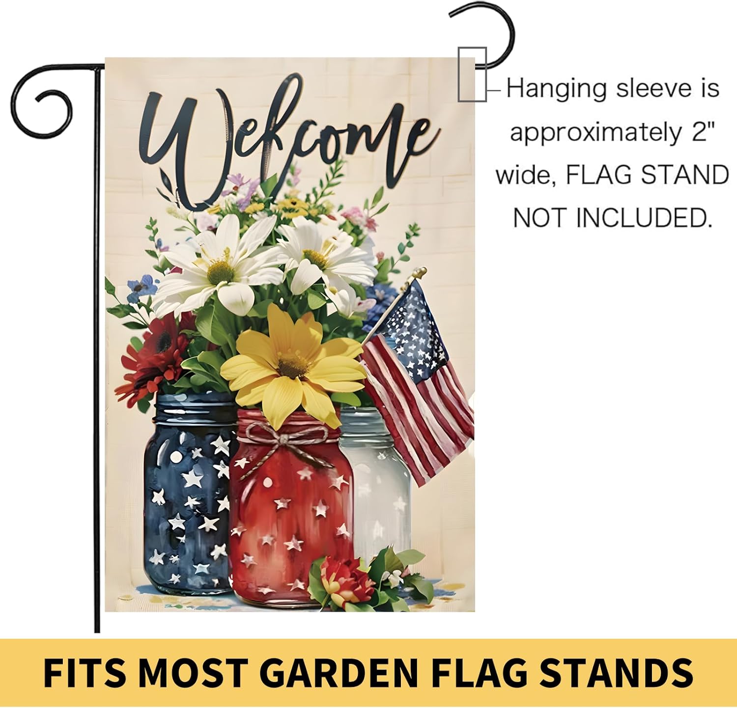 Patriotic 4th of July Mason Jar Flowers Garden Flag - Double-Sided Burlap 12x18 for Summer Celebrations