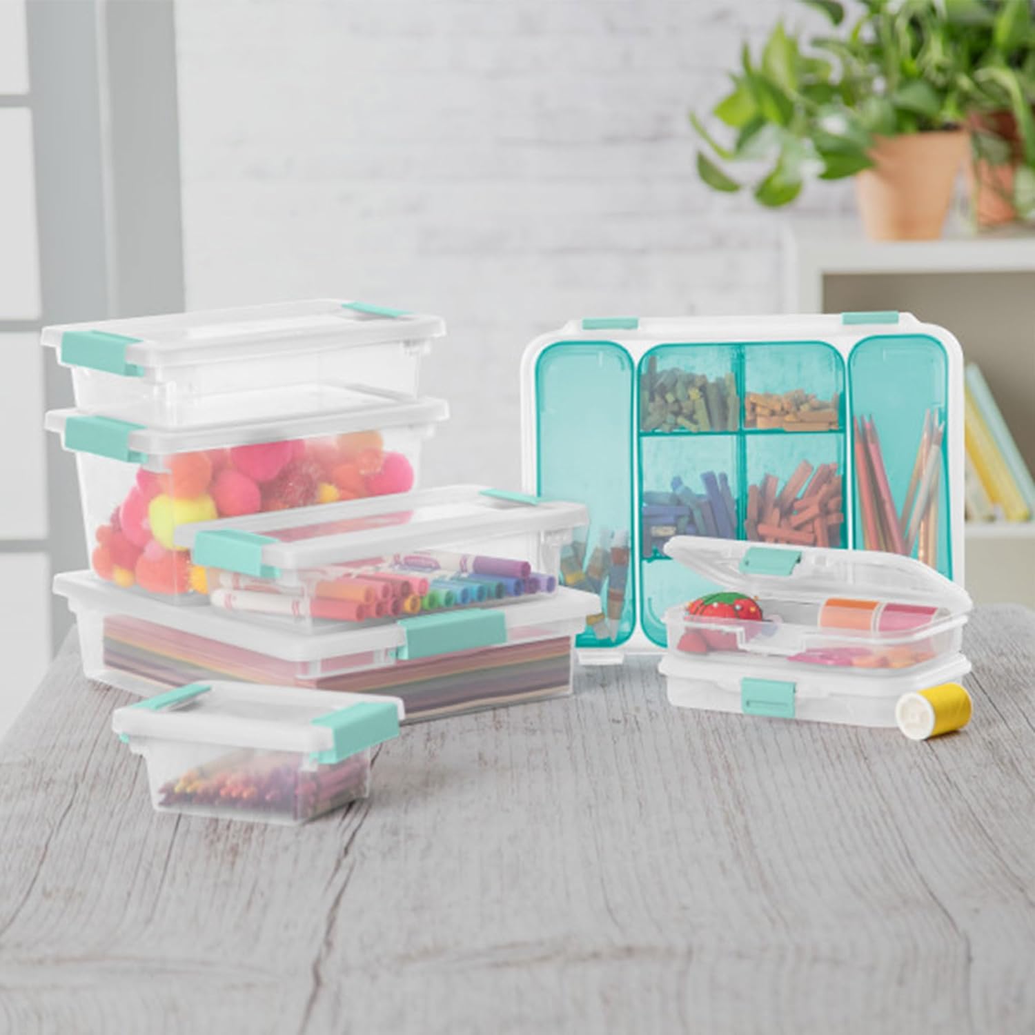 Sterilite 6-Pack Clip Box - Stackable Clear Plastic Bins with Latching Lids for Arts & Crafts Storage
