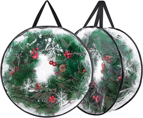 Clear Wreath Storage Bags by [Brand Name] - 24'' Christmas Wreath Storage Container with Dual Zippers | 2-Pack for Holiday Decor