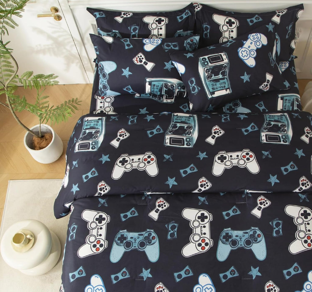 SDY 7PCS Full Gaming Console Comforter & Sheet Set，Soft Cute Gamer Microfiber Bedding for Kids, Boys & Toddlers Room Decor, Includes 1 Comforter, 1 Flat&Fitted Sheet, 2 Pillowcases & 2 Pillow Shams