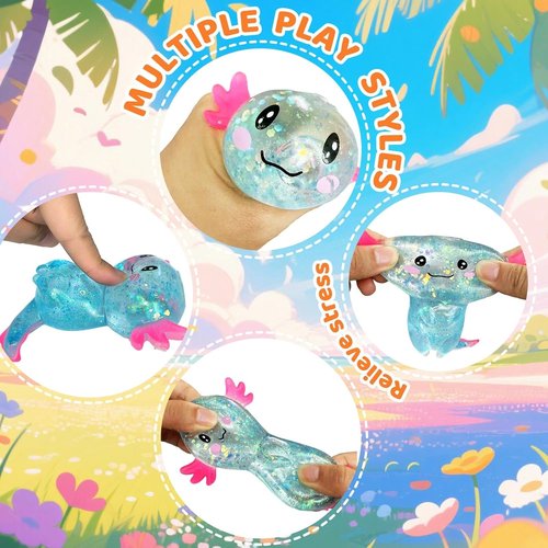 Axolotl Squishy Stress Relief Toy - Glitter Fidget Toy for Kids & Adults | Blue Color, Anxiety Relief