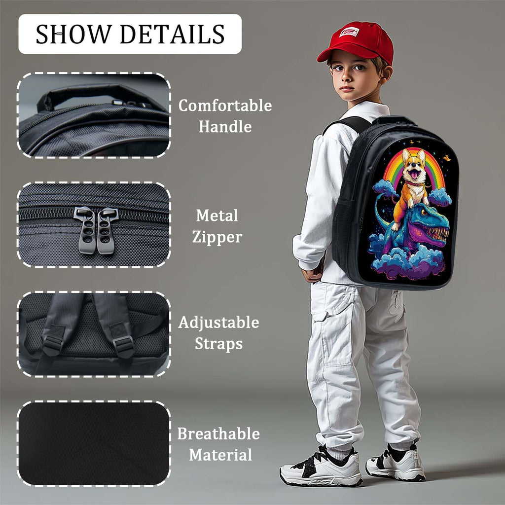 Snapjet Cute Corgi Dinosaur Backpack 3PCS 16" Preschool Elementary Schoolbag with Lunch Box Pencil Case Bookbag Set for Girls Boys Kids Children Teens School Students