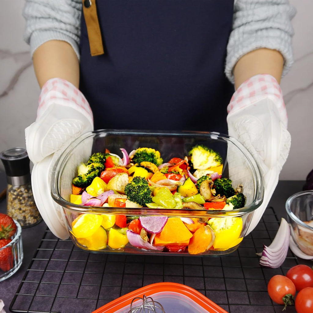 Skiennix 9x9 Inch Square Glass Baking Dish - 2.6QT Deep Pan with Lid | Microwave & Oven Safe