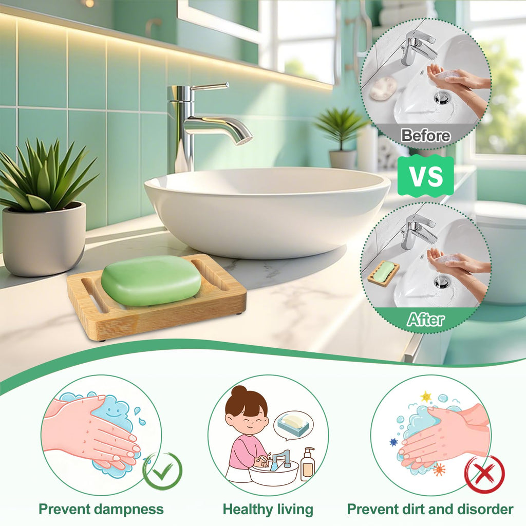 Magift 2 Pack Wooden Soap Holder Bamboo Soap Dish for Shower with Self Draining Tray Natural Bar Soap Holder and Soap Saver for Bathroom Kitchen Sink
