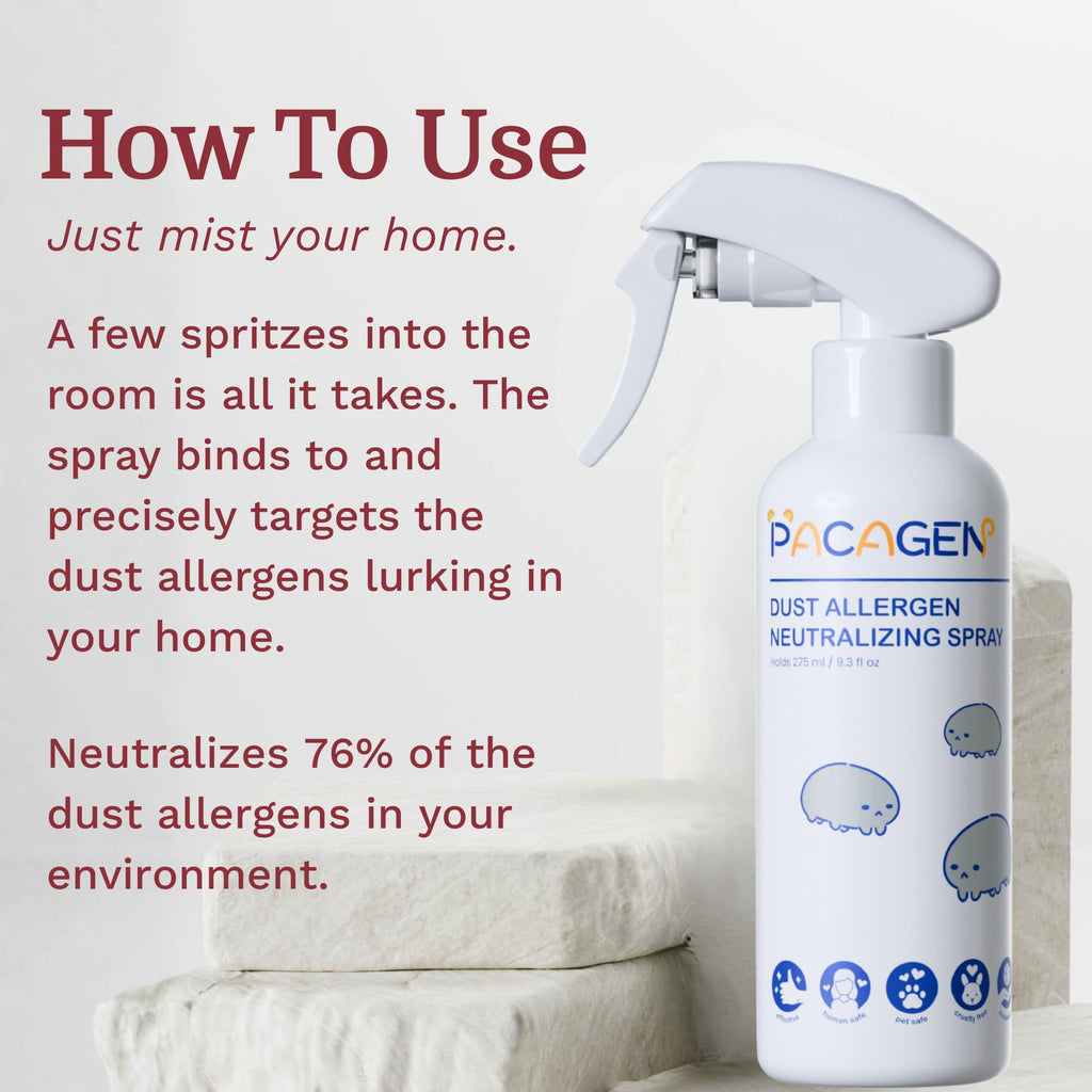 Pacagen Dust Allergen Neutralizing Spray for Humans - Perfect for Home Use, Immediate Results, Easy to Use, and Pet Friendly - A Few Sprays Away from A Clear Day