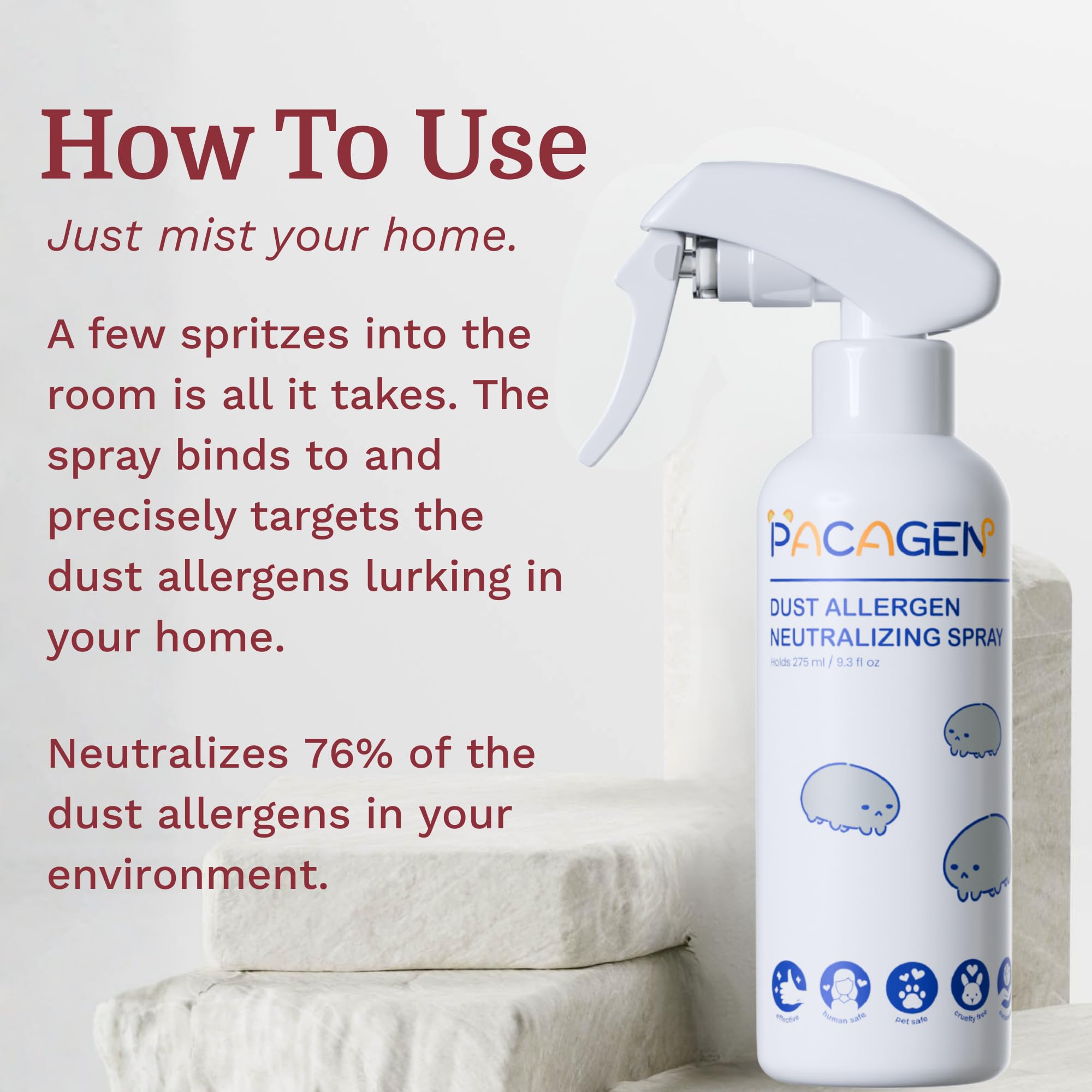 Pacagen Dust Allergen Neutralizing Spray for Humans - Perfect for Home Use, Immediate Results, Easy to Use, and Pet Friendly - A Few Sprays Away from A Clear Day