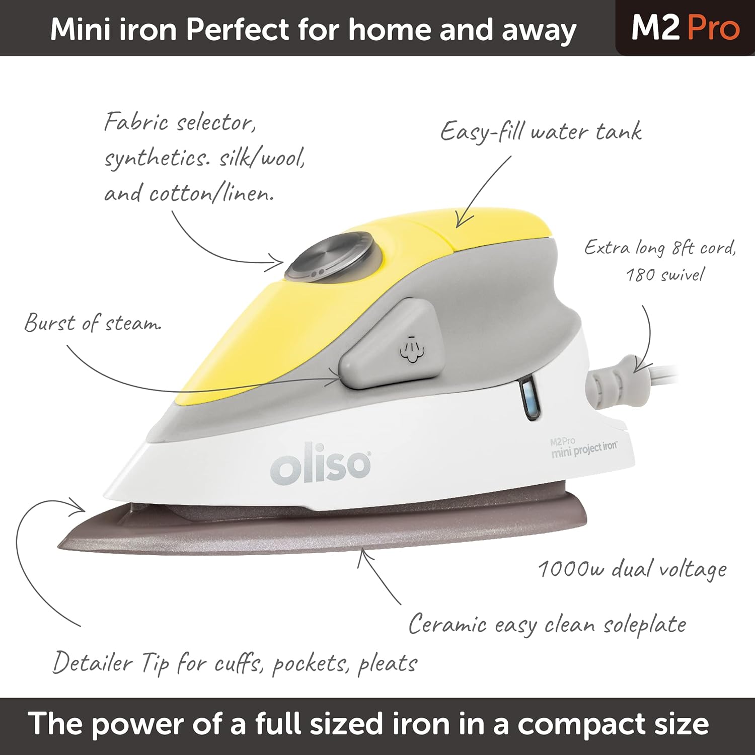 Oliso M2Pro Mini Steam Iron - 1000 Watt Dual Voltage Travel Iron for Sewing & Quilting - Butterscotch