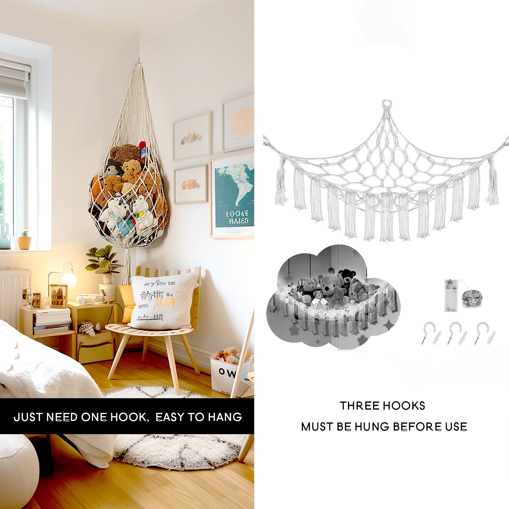 Amdermi Novel Stuffed Animal Hammock Corner Hanging Net for Stuff Aniaml Storage Macrame Toy Display Plush Toy Holder-Perfect for The Tiny Space Walls (Cream)
