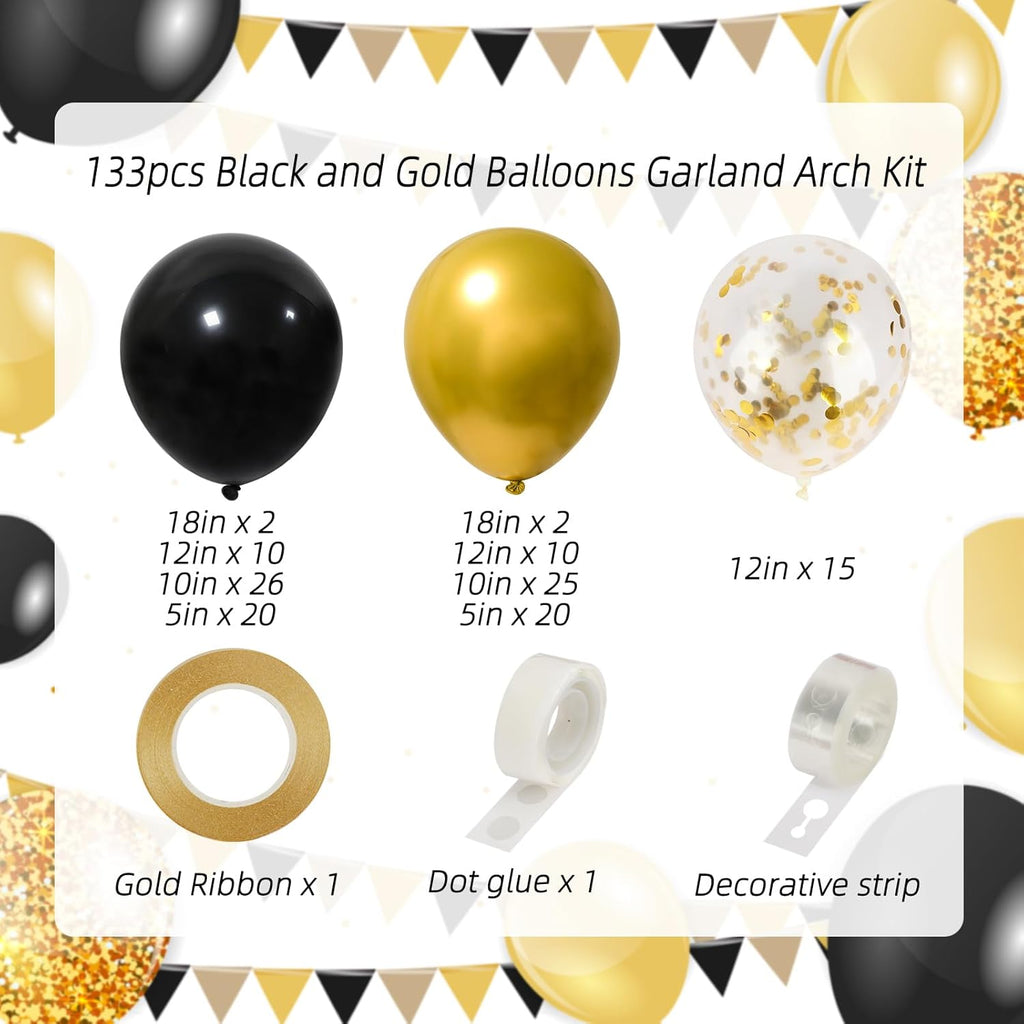 RUBFAC Black and Gold Balloons - 130pcs Graduation Decorations | Metallic Confetti Arch Kit for Parties