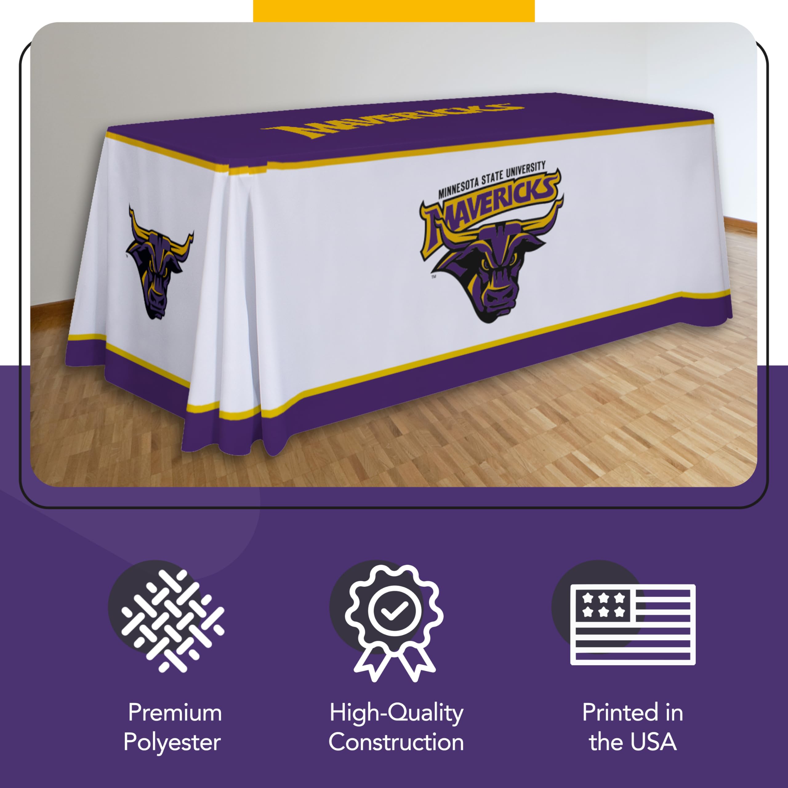 Victory Corps Minnesota State Mavericks College Sports Printed Table Throw - NCAA Licensed - Polyester - School Tablecloth (White, Purple, Yellow) (6' Draped)