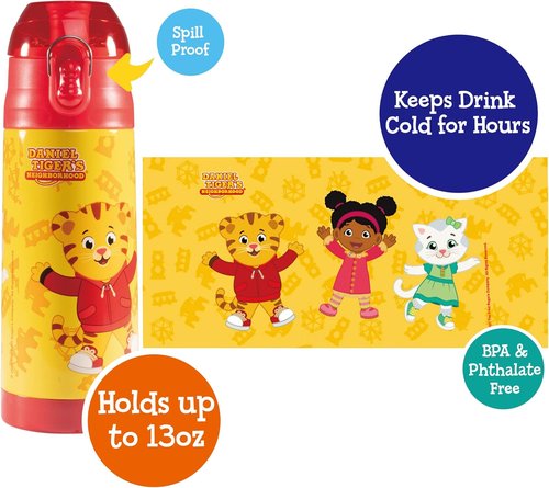 Daniel Tiger Stainless Steel Water Bottle - 13 oz Double Wall Insulated, Spill Proof Lid with Straw - Yellow