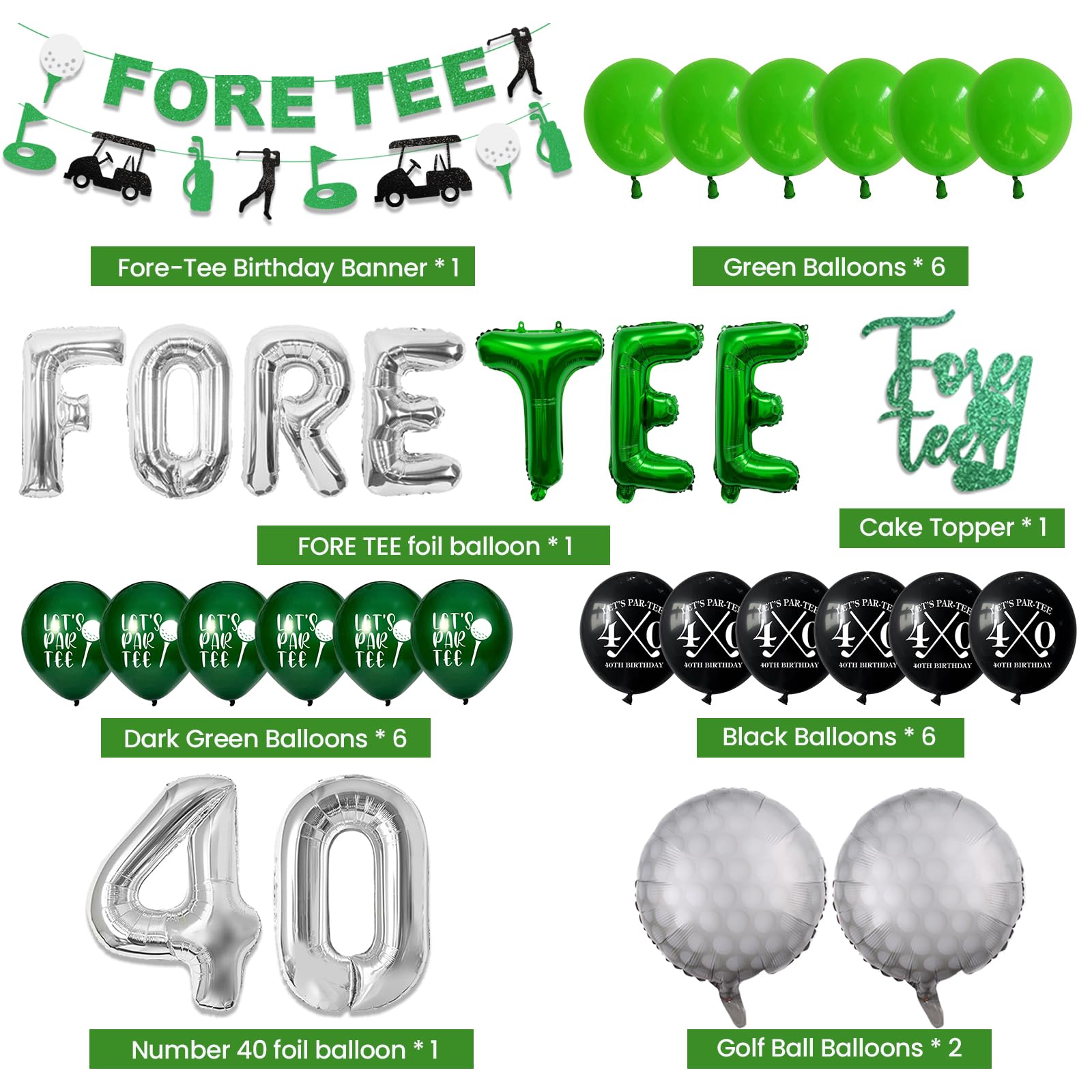 40th Birthday Decorations for Men, Golf Themed Happy 40th Birthday Party Decorations Balloons Numbers Banner Accessories Gifts for Men