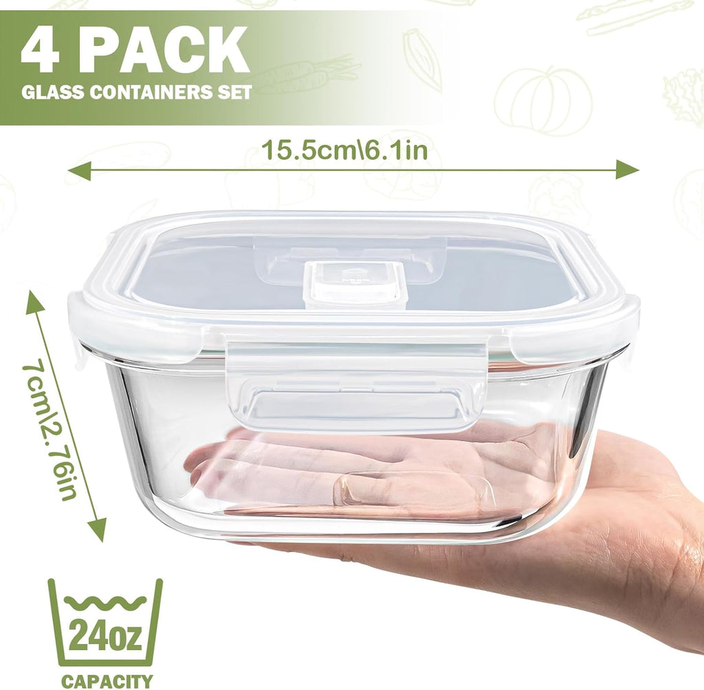 Skiennix Square Glass Containers - 24oz Borosilicate Food Storage Set | Freezer Safe, BPA Free, 4 Pack