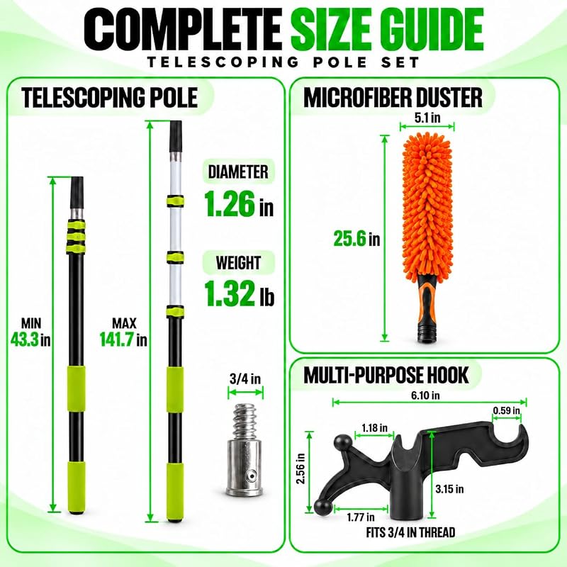Telescoping Christmas Light Pole with Hook, Duster & Gloves 12 ft
