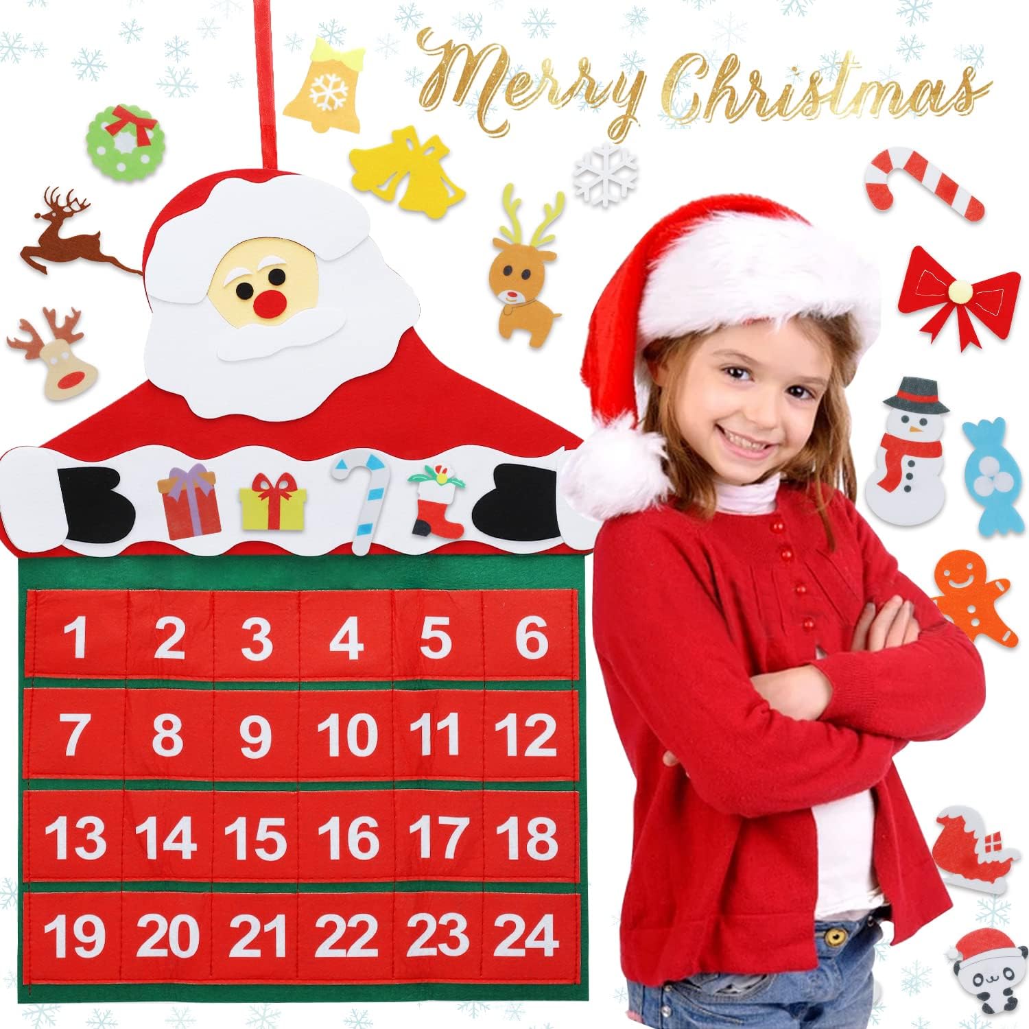 TOY Life Christmas Advent Calendar - 2025 Countdown with 24 Pockets & Felt Santa Decoration
