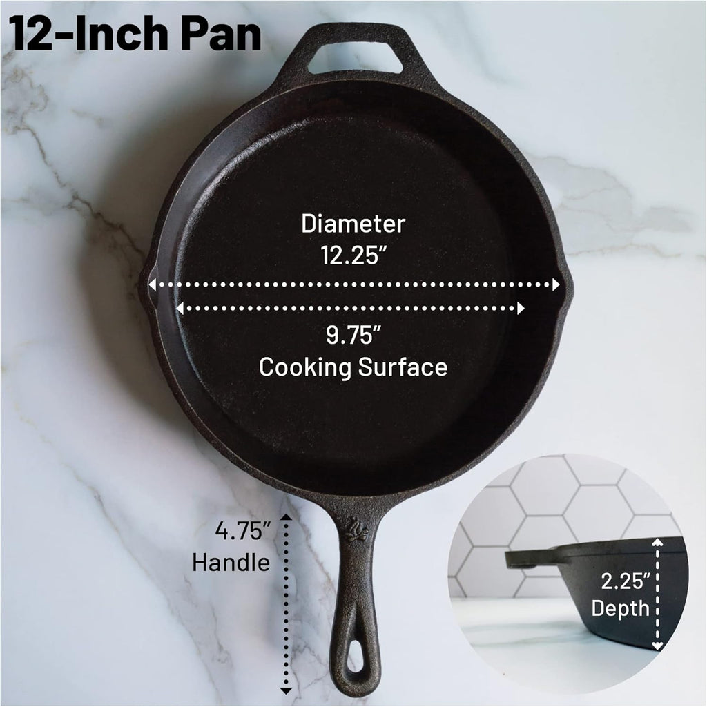 Skiennix 12-Inch Round Cast Iron Skillet - Pre-Seasoned for Superior Cooking Performance