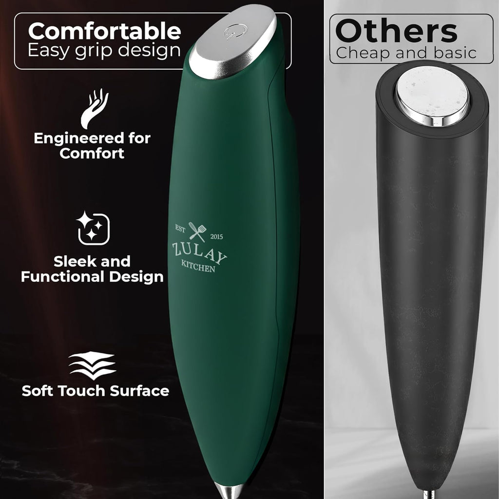 Zulay Kitchen Tornado Triple Whisk Milk Frother - Handheld Foam Maker for Coffee & Lattes - Dark Green