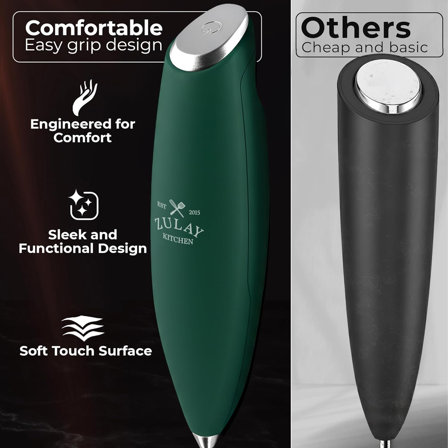 Zulay Kitchen Tornado Triple Whisk Milk Frother - Handheld Foam Maker for Coffee & Lattes - Dark Green